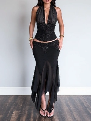 Halter Top Applique Irregular Hem Skirt Set
