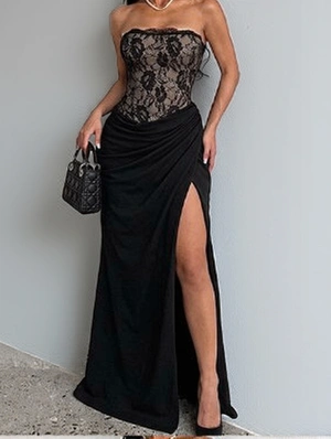 Lace Strapless Split Evening Maxi Dress