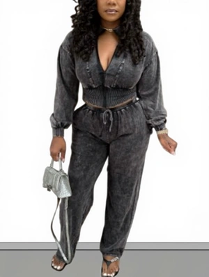 Distressed Zipper Washed Coats Pant Sets