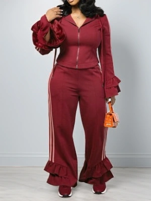 Ruffle Striped Trim Zipper Hooded Pant Sets