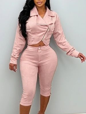 Suede Cropped Lapel Jackets Capri Pants Sets