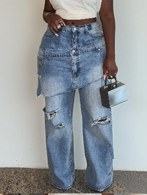 Street Style Faux Two Piece Denim Skirt Pants