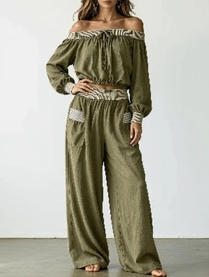 Off Shoulder Long Sleeve Top Loose Pants Set