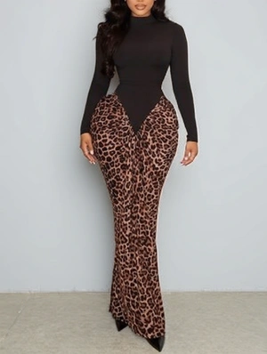 Leopard Ruched Long Sleeve Fitted Maxi Dress