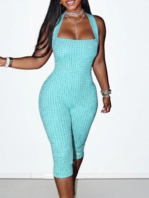 Metallize Halter Backless Capri Rompers