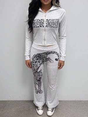 Leopard Printed Zipper Hooded Pant Sets