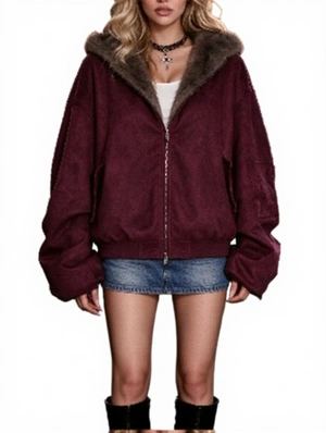Reversible Faux Suede Fur CollarHooded Coat 