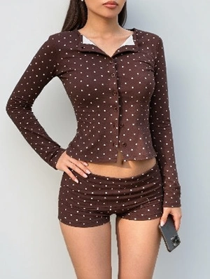 Polka Dot Contrast Long Sleeve Top Shorts Set