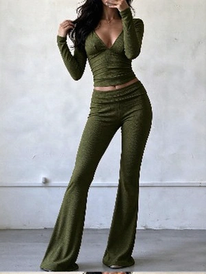 Solid Color Long Sleeve Fitted Flare Yoga Set
