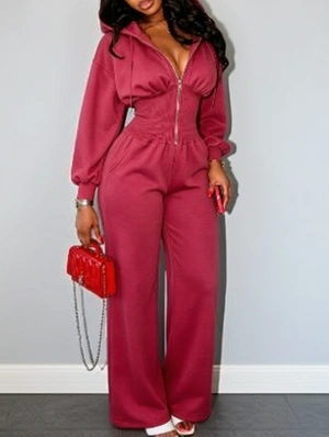 Plain Zipper Hooded Wide Leg Jumpsuits