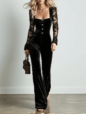 Sheer Lace Sleeve Evening Jumpsuit Elegant Party