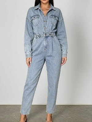 Washed Denim Long Sleeve Lapel Jumpsuits