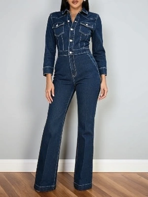 Lined Denim Straight Lapel Jumpsuits