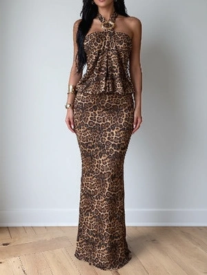 Leopard Halter Fitted Mermaid Evening Gown Set