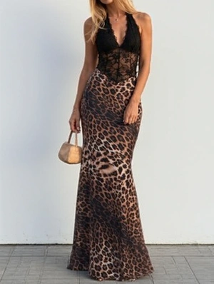 Lace Panel Leopard Sheer Tie Maxi Dress