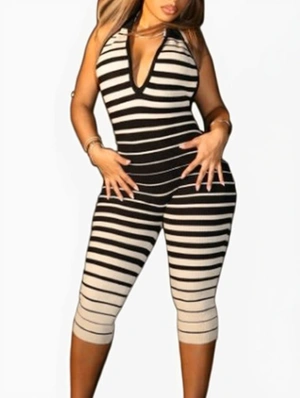 Striped Halter V Neck Backless Capri Rompers