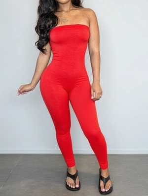 Plain Color Strapless Fitted Jumpsuits