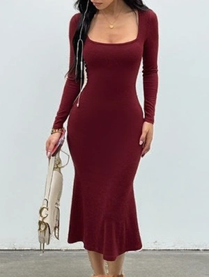 Square Neck Backless Bodycon Midi Dress
