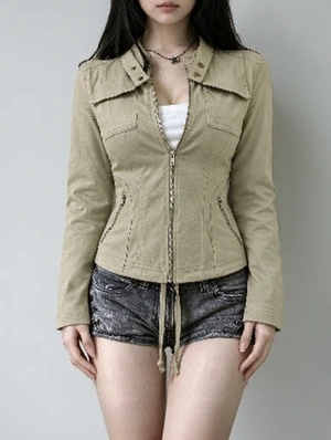 Retro Stand Collar Zip Pocket Fitted Cargo Jacket
