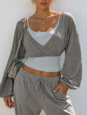 Solid Color Lantern Sleeve Knitting Design Tops
