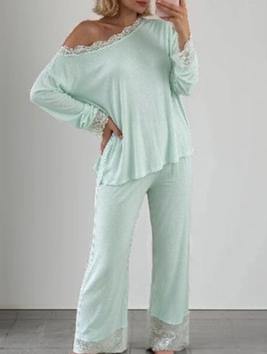 Inclined Shoulder Lace Loose Top Lounge Pants Set