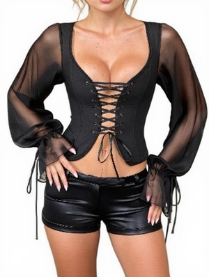 Elegant Sheer Sleeve Chiffon Tie Waist Fitted Blouse