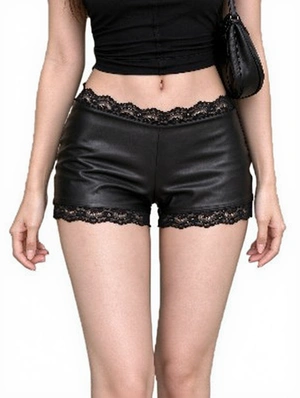 Sexy Lace Spliced Low Waist Fitted PU Shorts