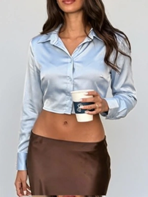  Lace Up Satin Cropped Collar Shirt