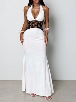 Lace Deep V Halter Mermaid Evening Dress
