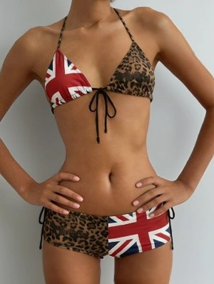 Leopard Flag Print Halter Tie Bikini Shorts Set