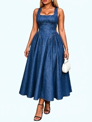 Off Shoulder Backless Denim Maxi Dress Flared Skirt