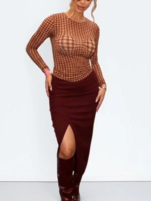 Contrast Plaid Bodycon Split Hem Skirt Sets