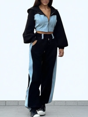 Denim Patch Hoodie Pants Set