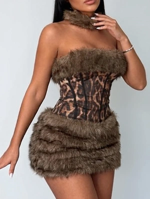 Fur Trim Choker Leopard Strapless Mini Dress