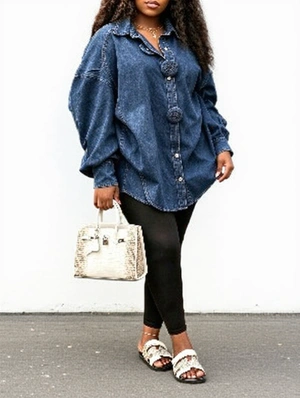 Lapel Big Button Gradient Wash Loose Denim Shirt