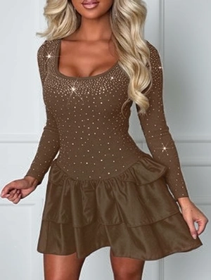 Embellished Long Sleeve Ruffle Mini Dress