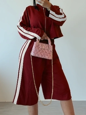 Striped Trim Coats Wide Leg Capri Pants Sets