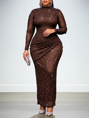 Long Sleeve Rhinestone Pleated Mesh Party Gown