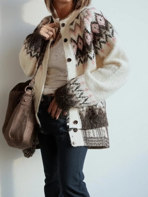 Geometric Pattern Crewneck Long Sleeve Cardigan