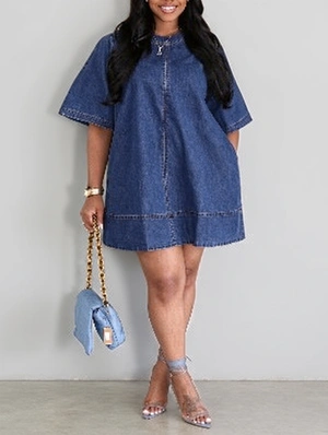 Plus Size Loose Short Sleeve Mini Denim Dress