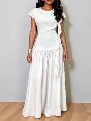 Elegant Short Sleeve Ruffle Trim Long Dress