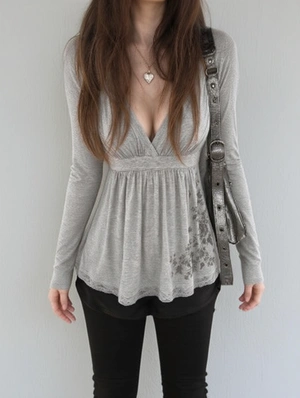 Print Washed Long Sleeve Design Tops
