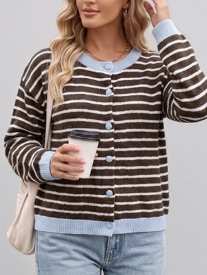 Striped Crewneck Long Sleeve Cardigan 
