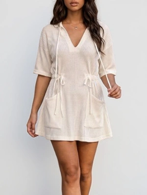 Loose V Neck Hollow-out Lace Up Dress