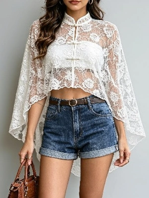 Lace Batwing Sleeve Asymmetric Sheer Top
