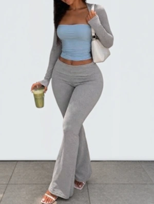 Tube Cropped Shawl Flared Pant 3 Piece Sets