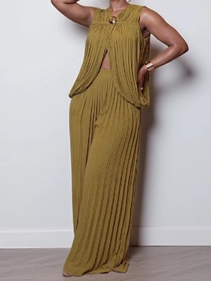 Pleated Ruched V Neck Wide Leg Pant Sets