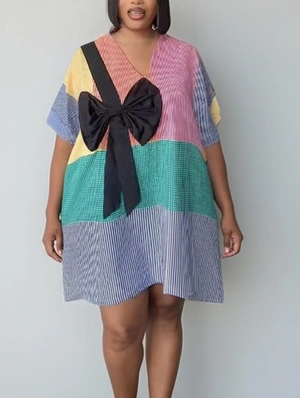 Patchwork Striped Bow Short V Neck Dress