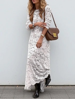 See Through Lace Edge Irregular Long Sleeve Dress