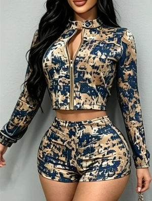 Colorblock Denim Cropped Jacket Short Sets